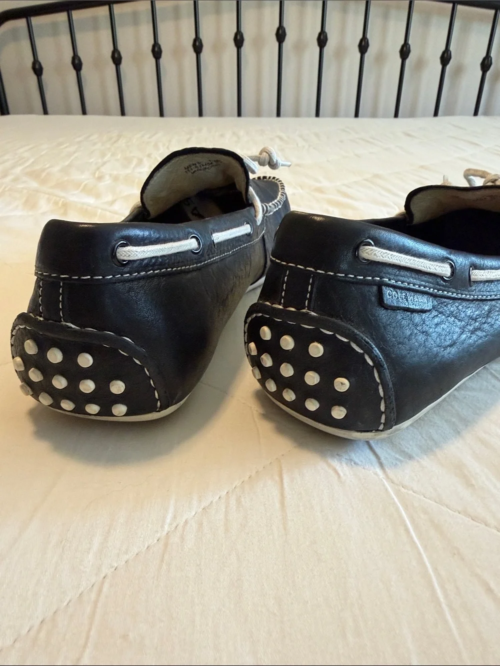 Cole Haan Black Leather Boat Shoes with White Laces